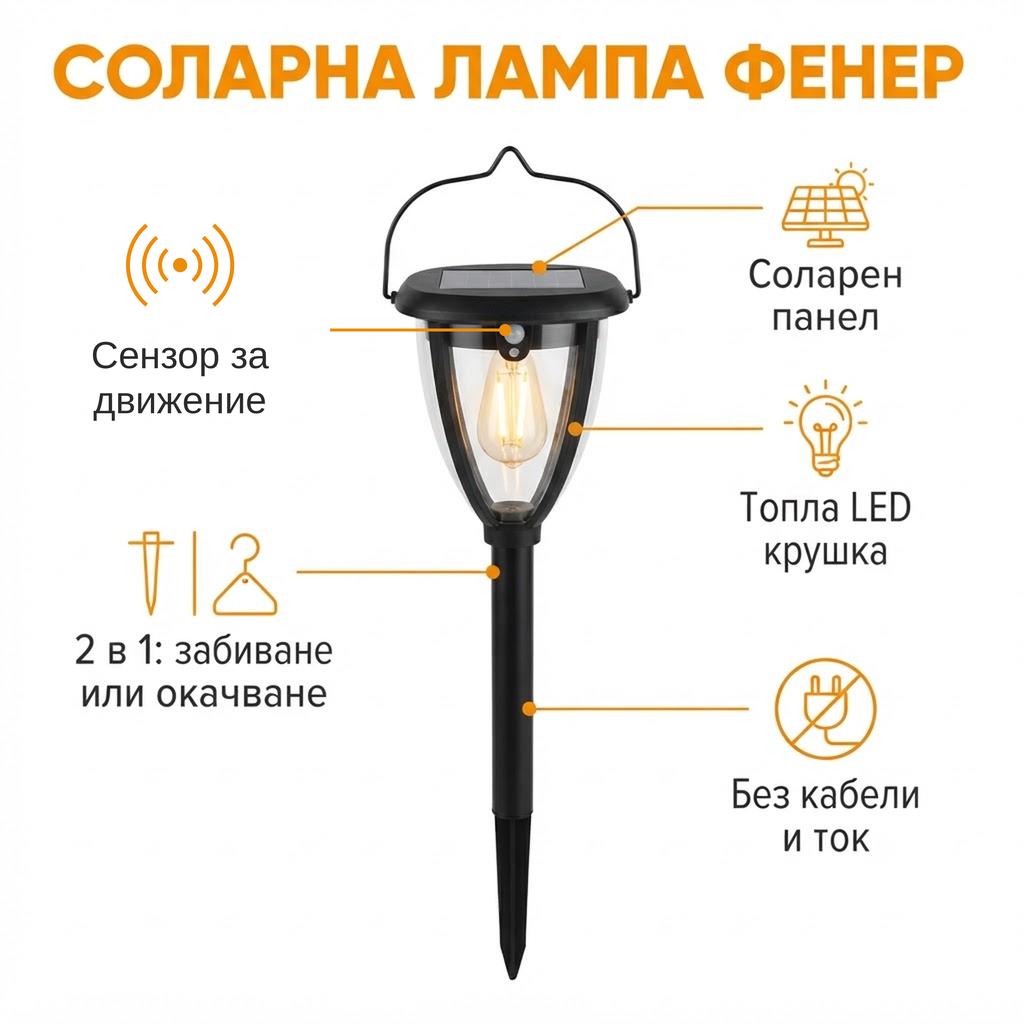 Соларна лампа фенер – сензор за движение, соларен панел, топла LED крушка, 2 в 1, без кабели