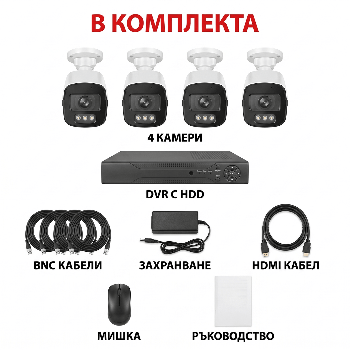 CCTV Комплект 4 камери Full HD + DVR + HDD, нощно виждане, IP66