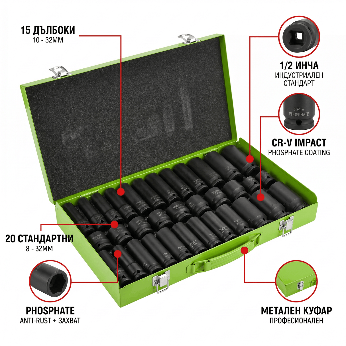 Impact гедоре комплект 1/2" 35 части OKBOONS HX-80035, метален куфар