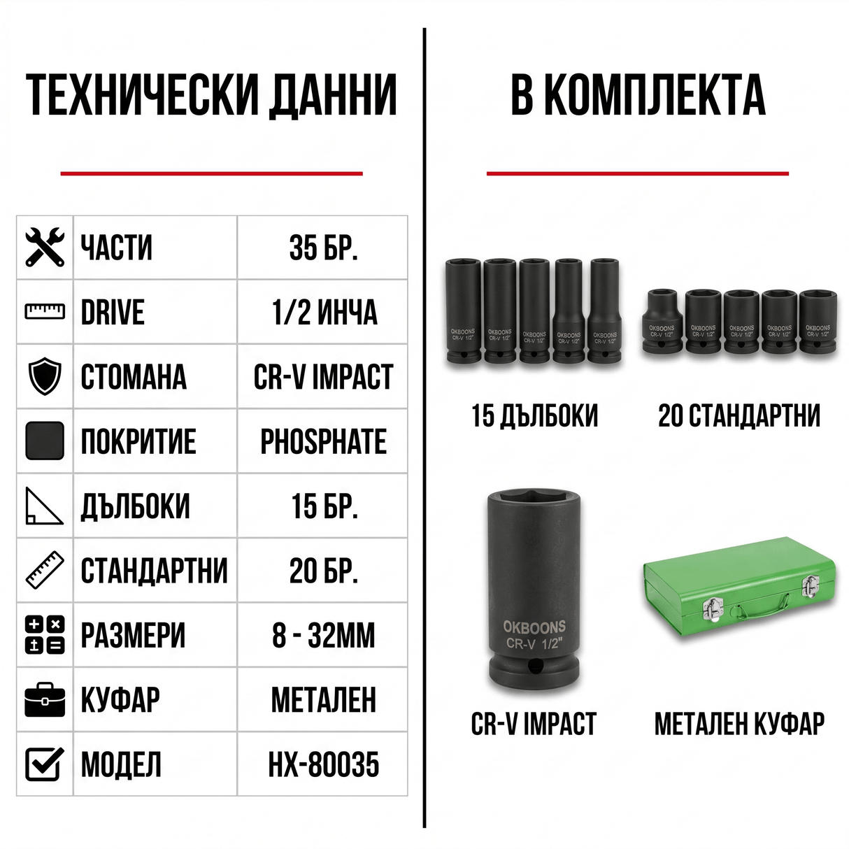 Impact гедоре комплект 1/2" 35 части OKBOONS HX-80035, метален куфар