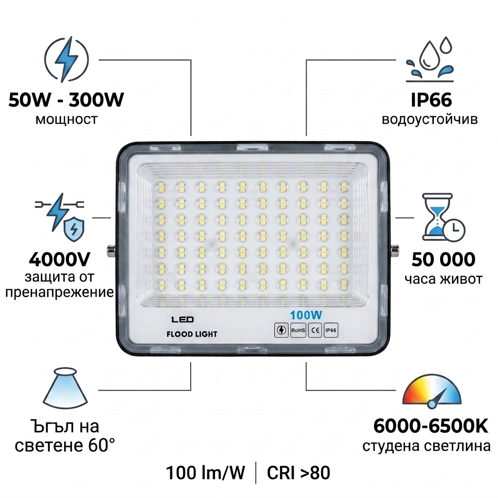 Характеристики на LED прожектор 50W-300W: IP66, 4000V, 50 000 часа, 60°, 6000-6500K
