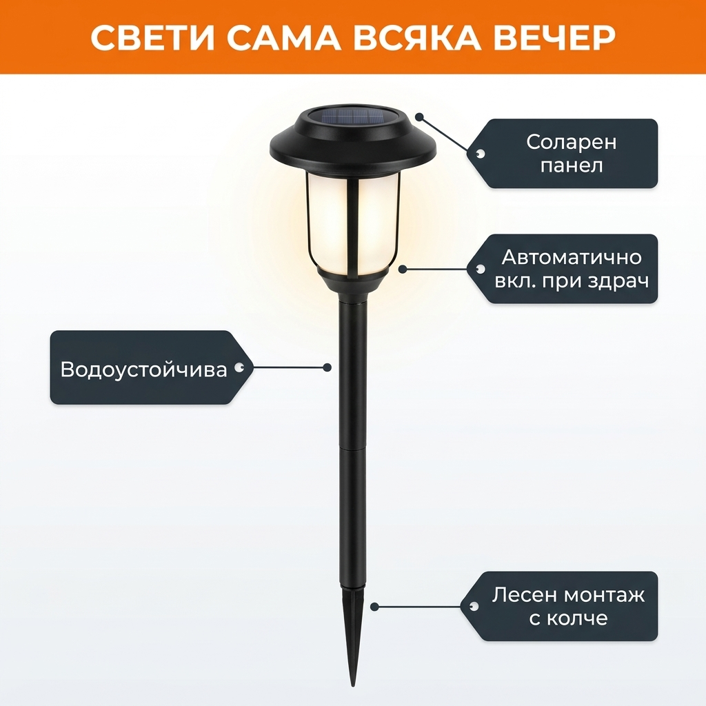 Соларна лампа с колче – соларен панел, автоматично включване при здрач, водоустойчива, лесен монтаж