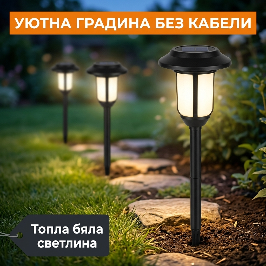 Соларни лампи с колче по градинска пътека вечер