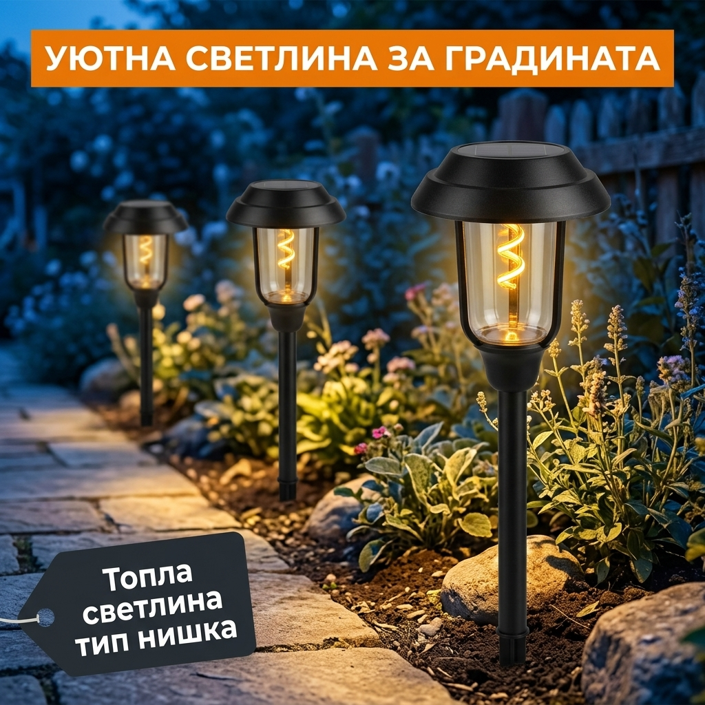 Соларни лампи със спирална нишка в градина вечер