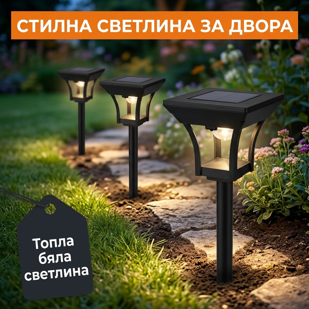 Соларни лампи с колче по градинска пътека вечер