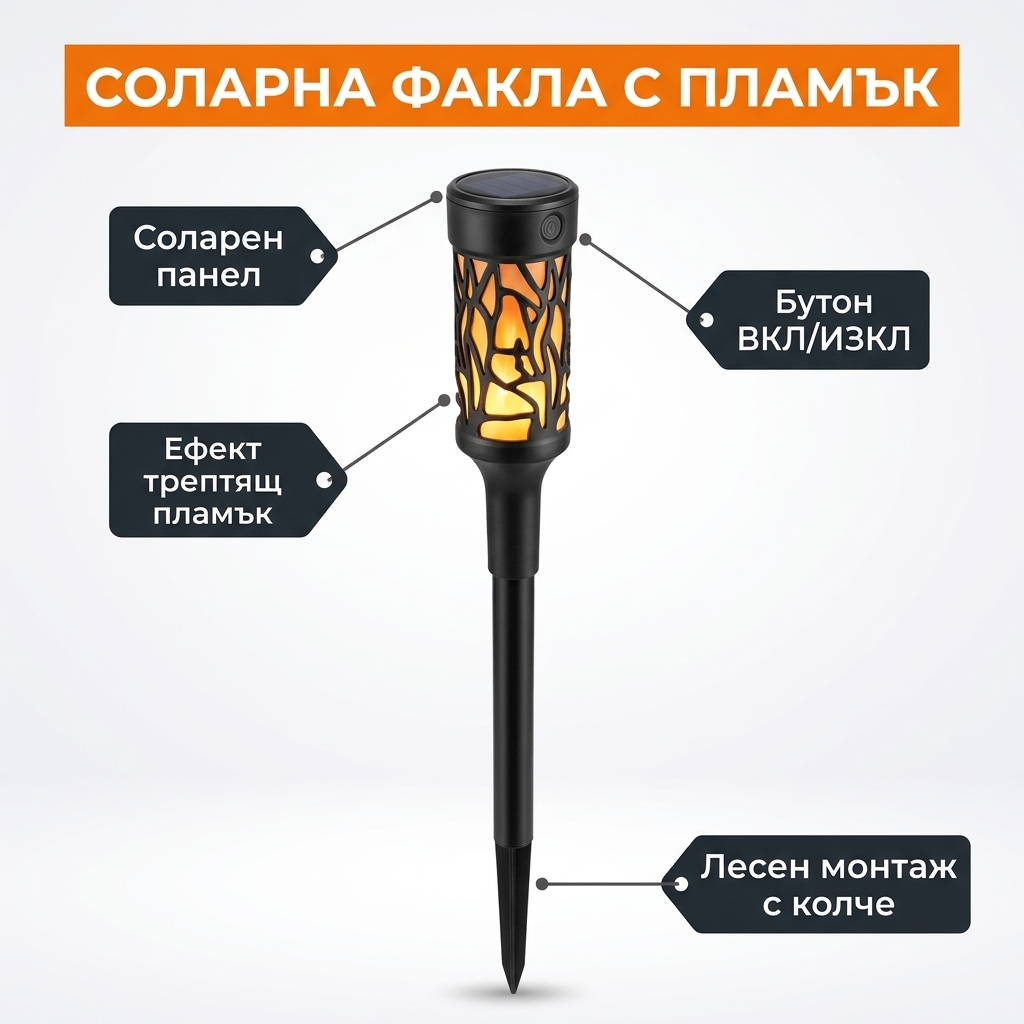 Соларна лампа 2588 – соларен панел, бутон ВКЛ/ИЗКЛ, ефект трептящ пламък, лесен монтаж с колче