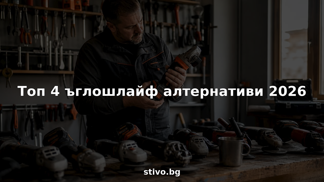 Мъж обмисля кой ъглошлайф да избере, разглеждайки различни модели на работната си маса в работилницата.