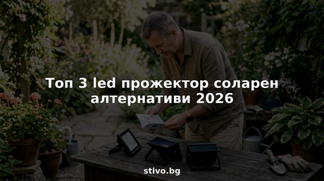 Мъж оглежда и тества соларни LED прожектори на открито