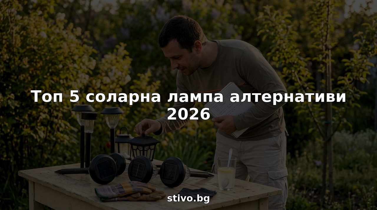Човек оглежда различни варианти за соларни лампи в градината си, обмисляйки коя ще е най-подходяща.