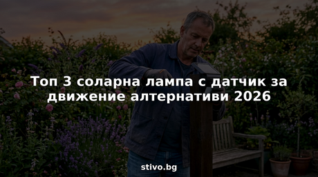 Мъж монтира соларна лампа с датчик за движение в двора привечер.