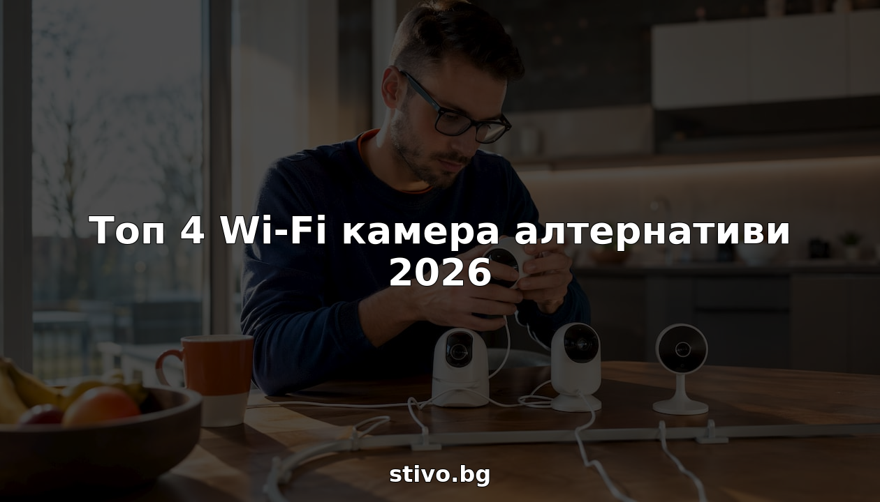 Техник разглежда и сравнява четири различни Wi-Fi камери за видеонаблюдение, подредени на бюрото пред него.
