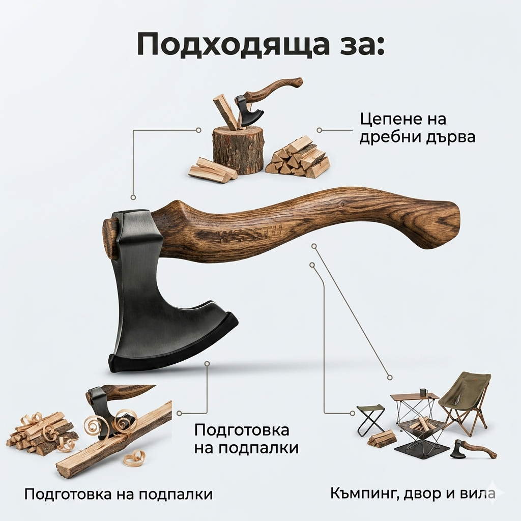 WERSTIL Компактна брадва с дървена дръжка – ръчен инструмент за цепене, къмпинг и работа на открито