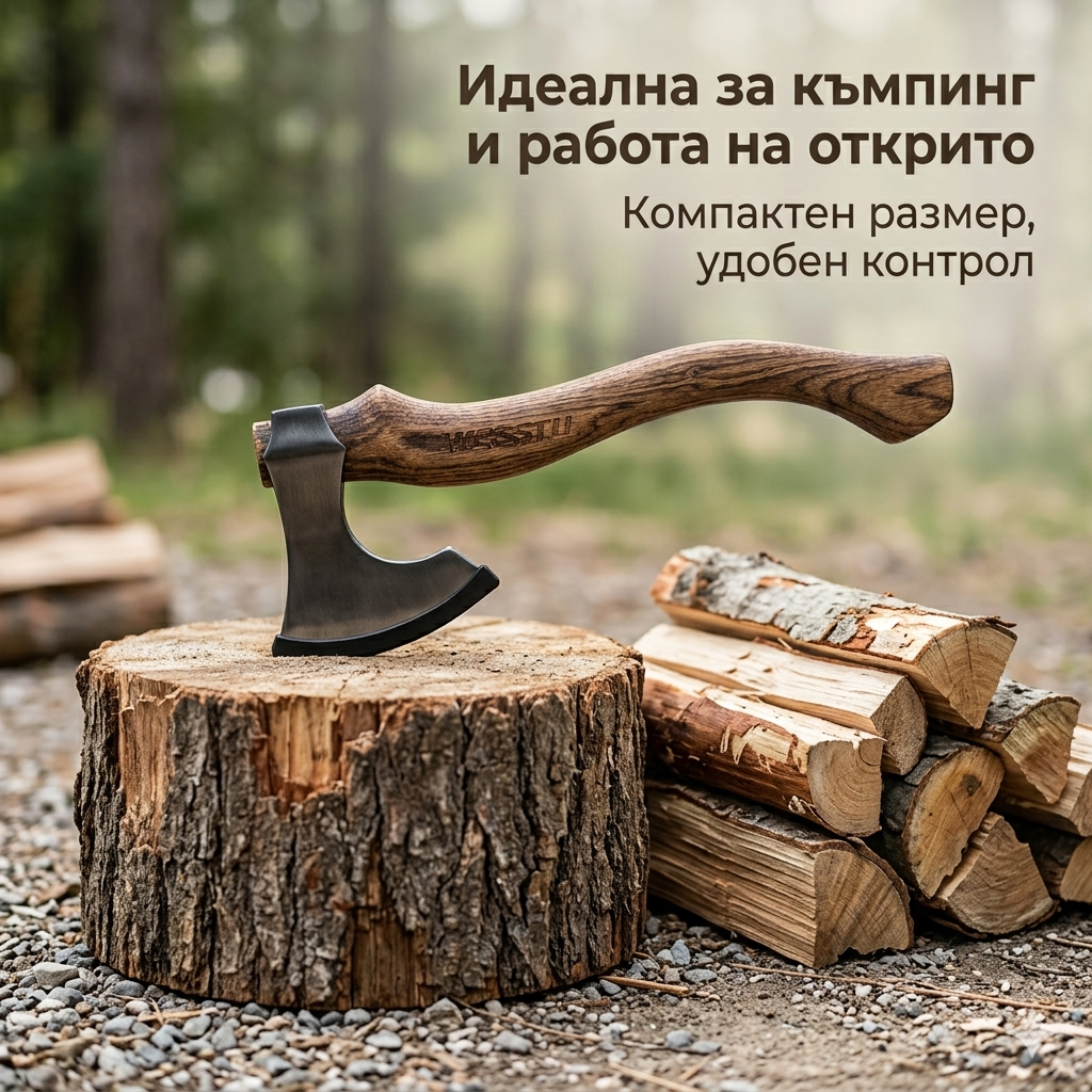 WERSTIL Компактна брадва с дървена дръжка – ръчен инструмент за цепене, къмпинг и работа на открито