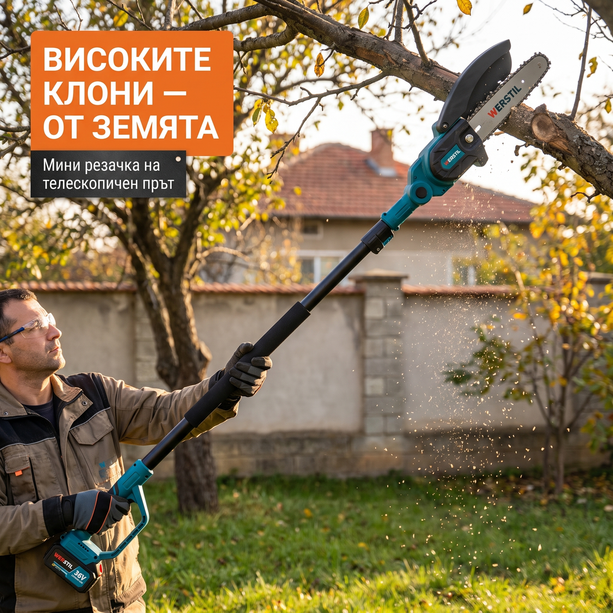 Мини резачка WERSTIL на телескопичен прът реже висок клон в двора