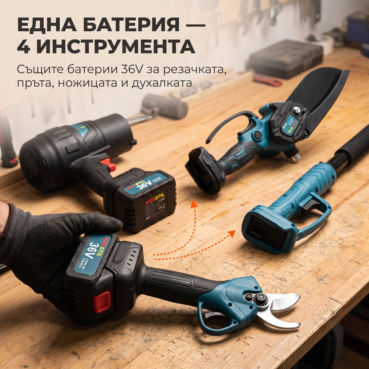 Батерия WERSTIL 36V влиза в акумулаторната ножица — една батерия за 4 инструмента