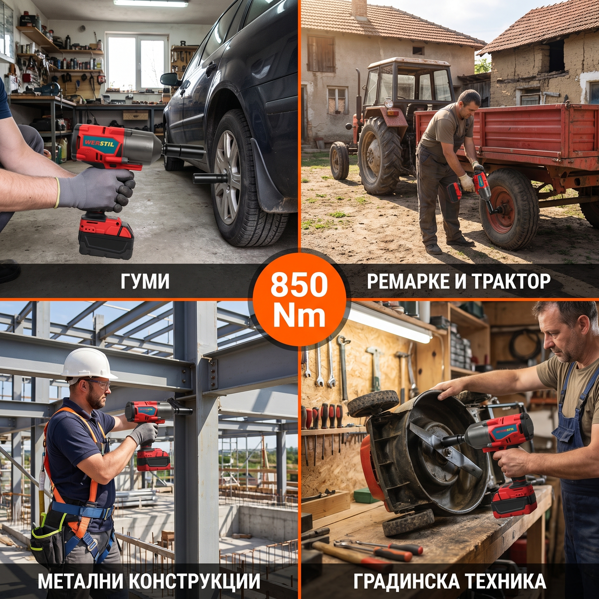 Акумулаторен ударен гайковерт WERSTIL 850Nm — за гуми, ремарке, метални конструкции и градинска техника