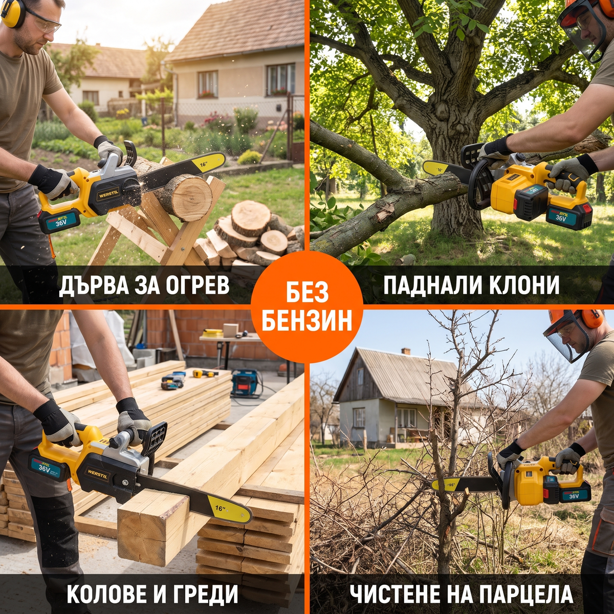 Акумулаторна верижна резачка WERSTIL 36V — 4 употреби: дърва за огрев, паднали клони, колове и греди, чистене на парцел