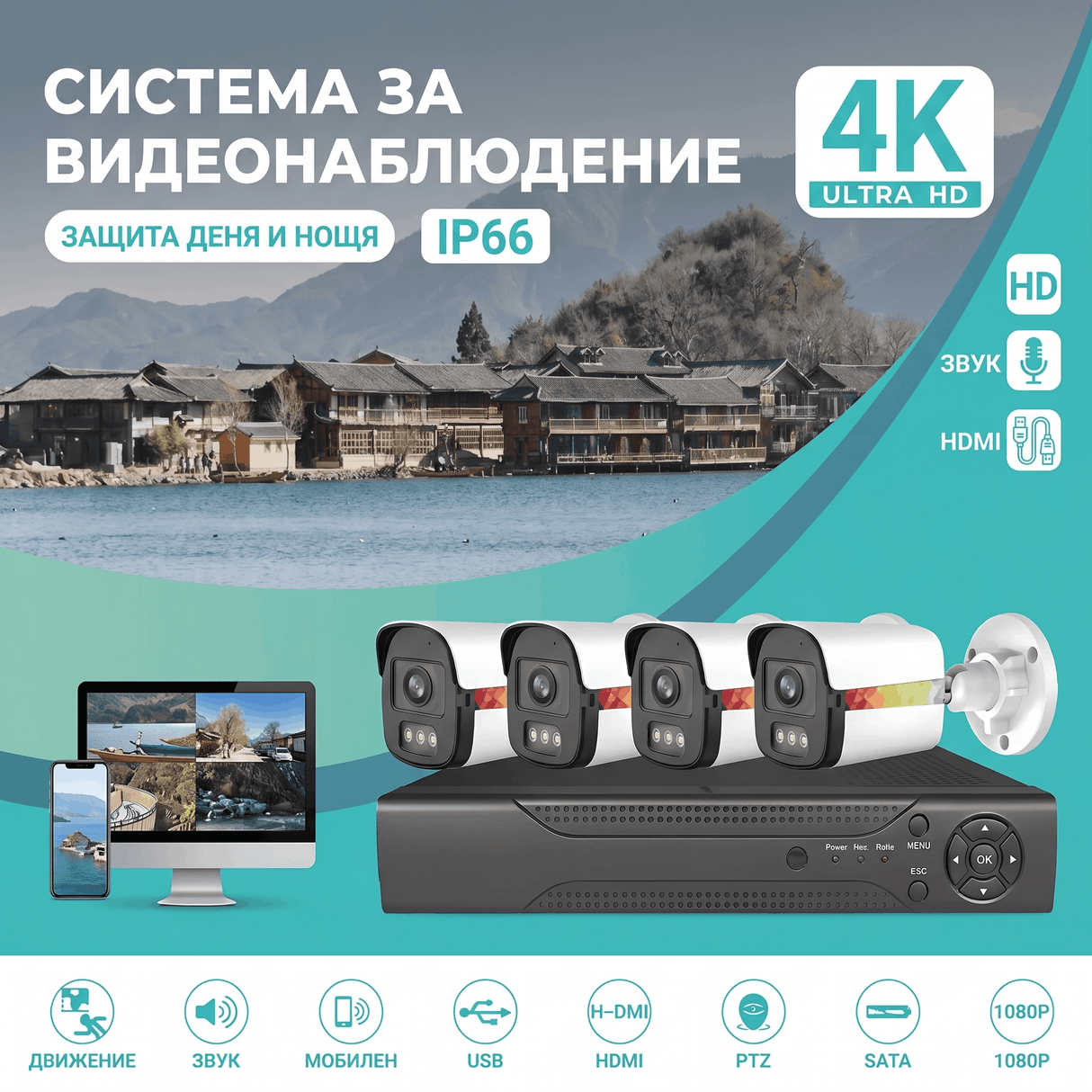 CCTV Комплект 4 камери Full HD + DVR + HDD, нощно виждане, IP66