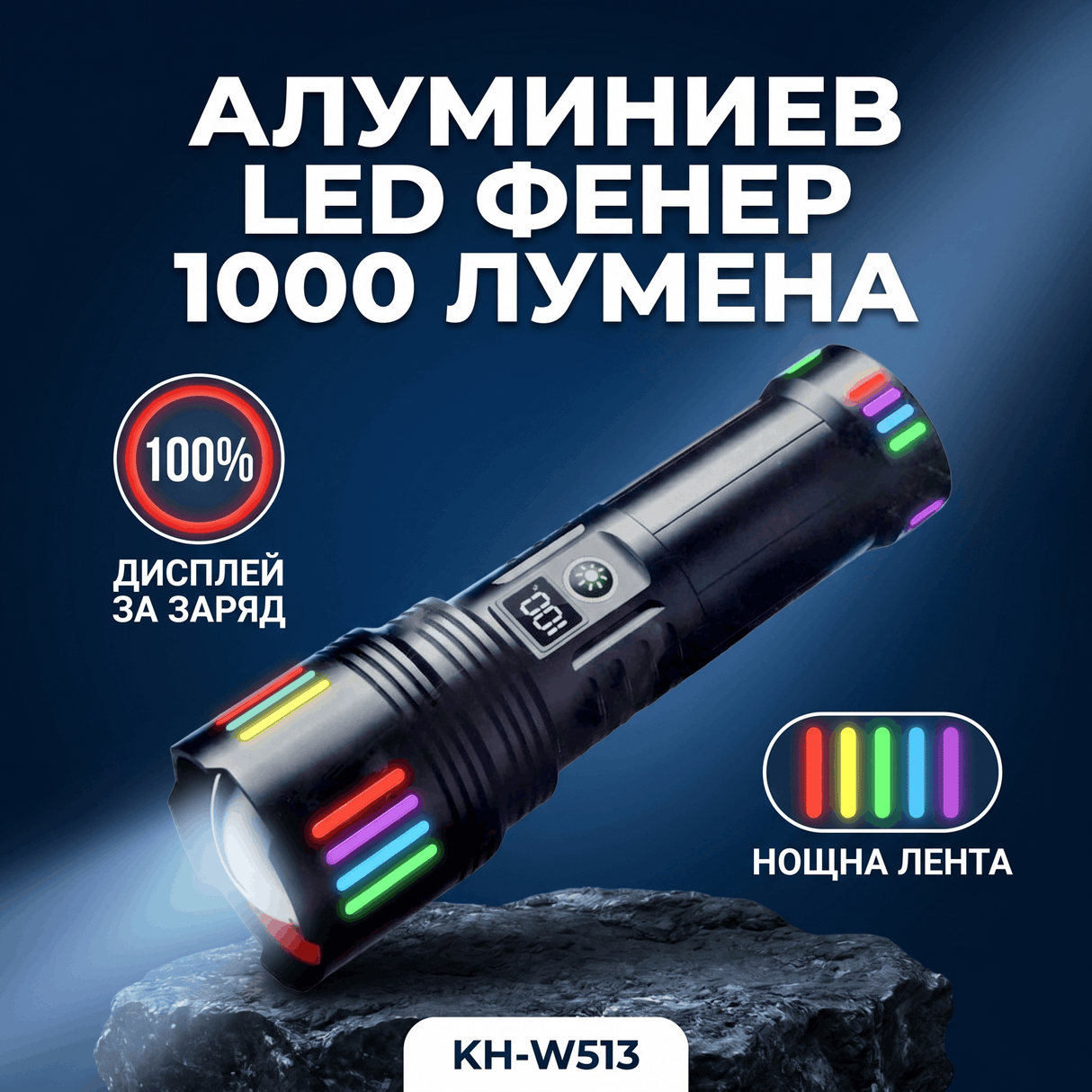 Акумулаторен LED фенер KH-W513 1000lm с power display, IP54