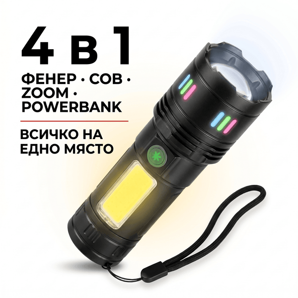 Мощен LED фенер 4 в 1 с COB лампа, powerbank, slide zoom