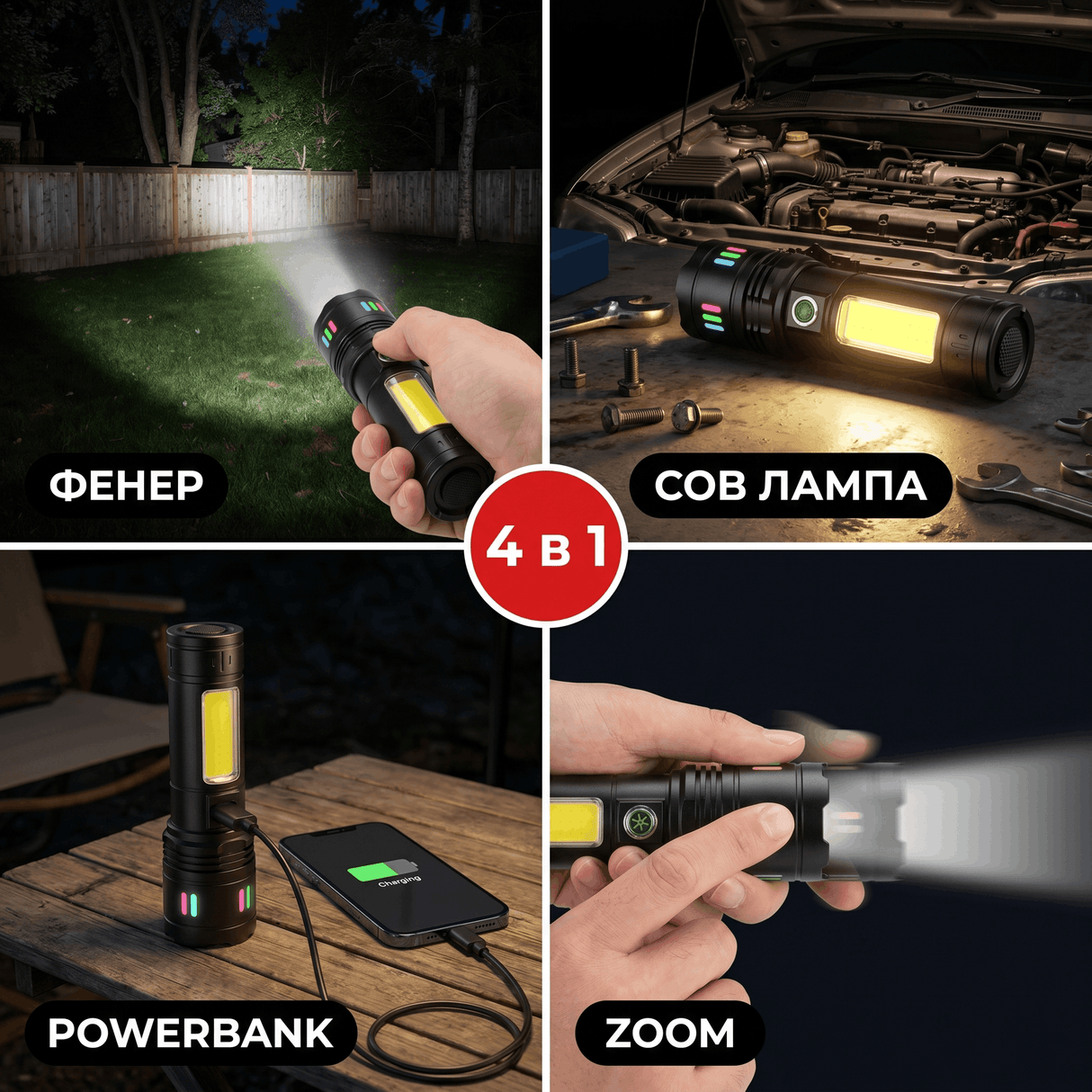 Мощен LED фенер 4 в 1 с COB лампа, powerbank, slide zoom