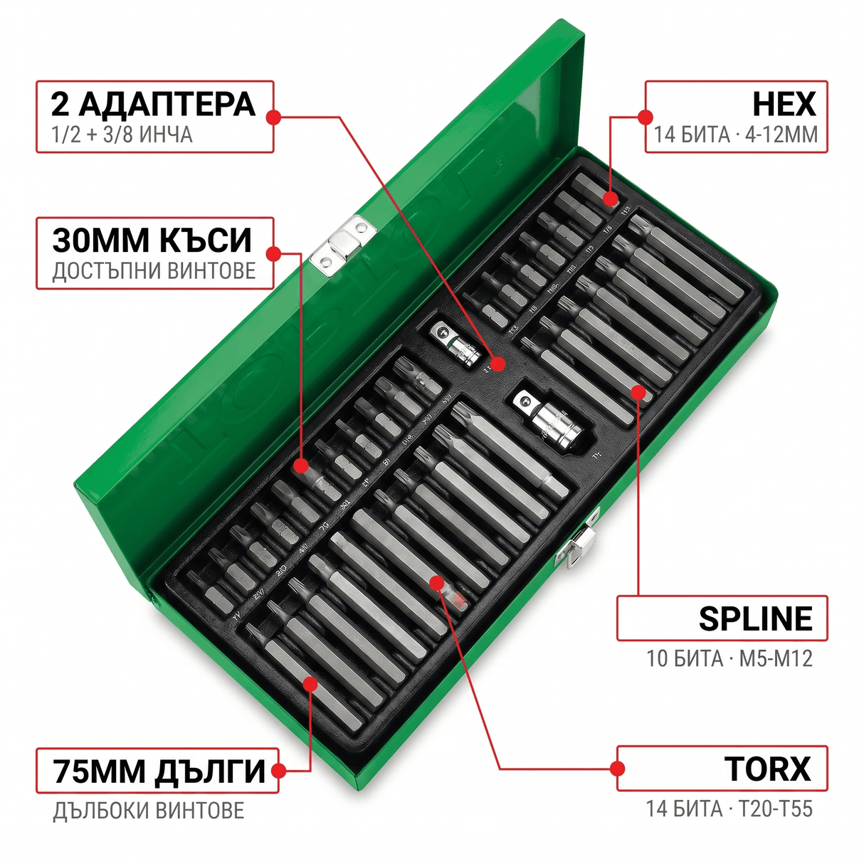 Битове за гайковерт OKBOONS 40 части — HEX, TORX, SPLINE, 30+75мм