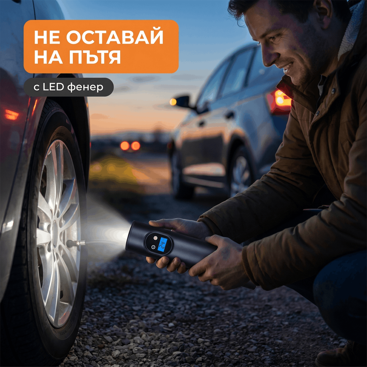 Акумулаторен Компресор за Гуми с Дисплей и LED Фенер — Преносим, до 150 PSI