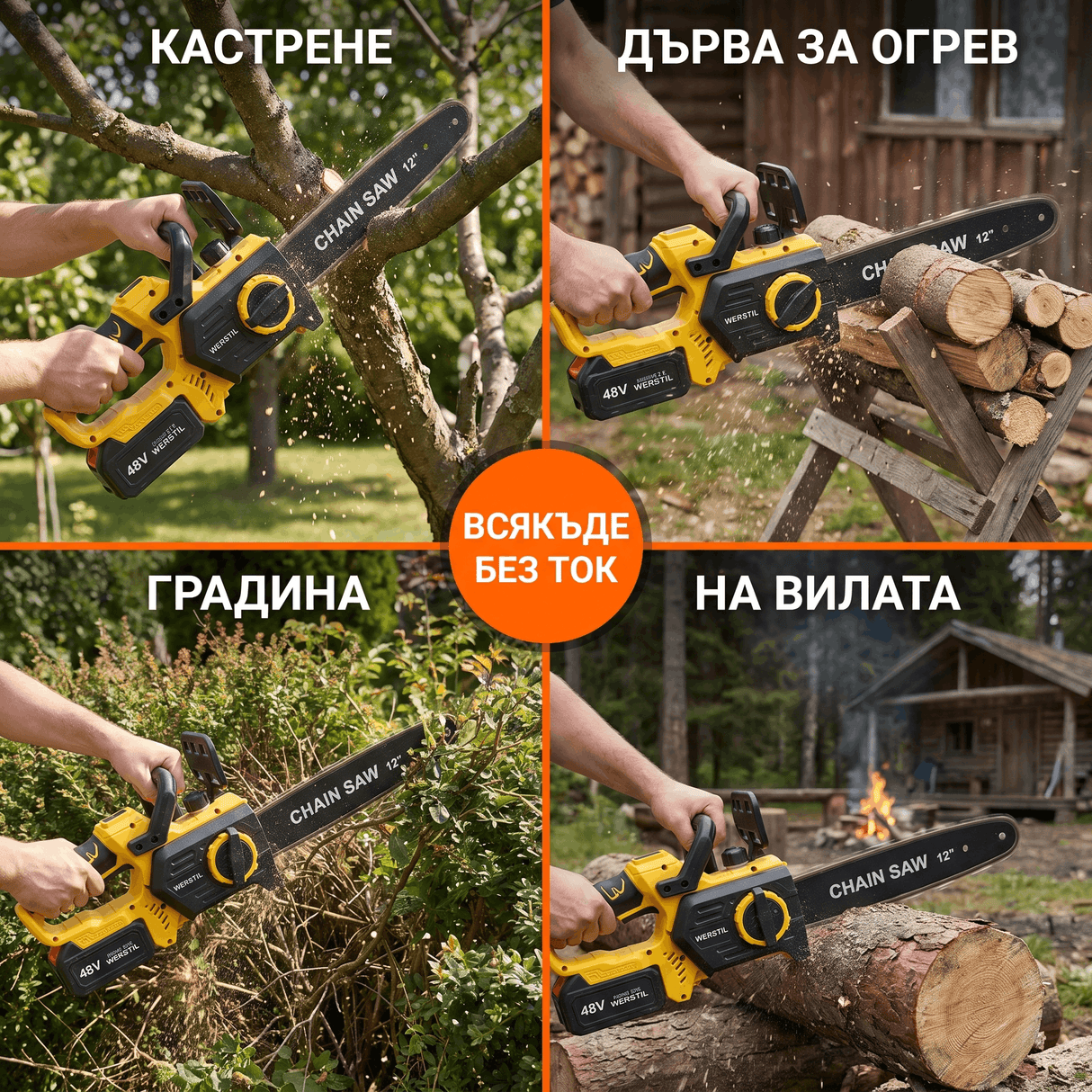 Акумулаторна Верижна Резачка WERSTIL 48V — Шина 12", с 2 Батерии и Куфар