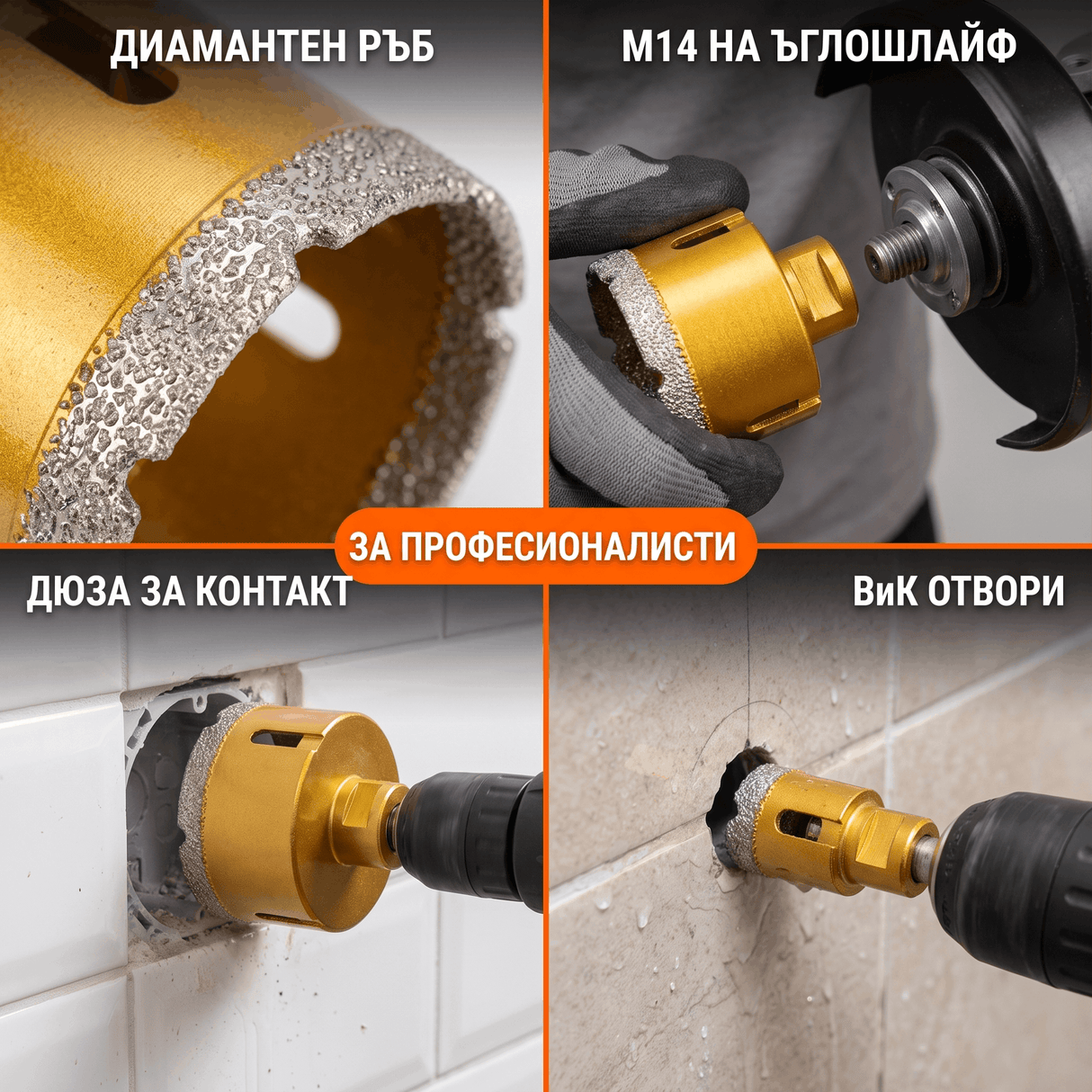 Комплект Диамантени Боркорони за Плочки и Гранитогрес — 7 бр. (20–68мм), М14, с Куфар