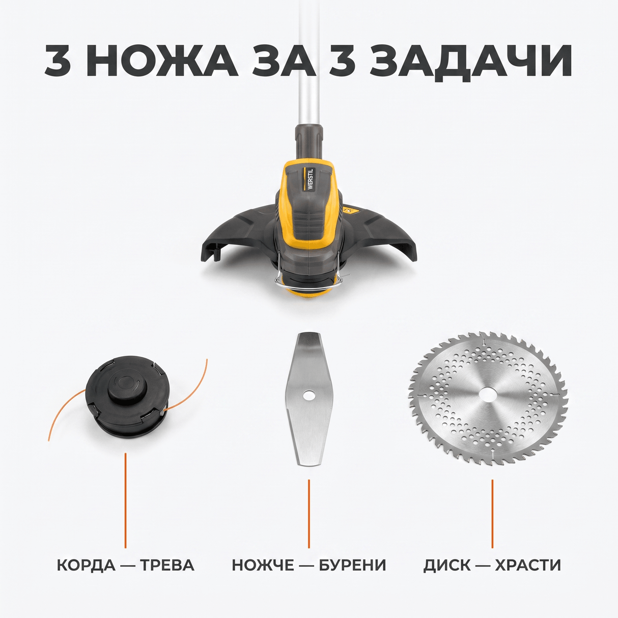 Акумулаторен Тример WERSTIL 24V — 3 Ножа, Телескопичен, с 2 Батерии