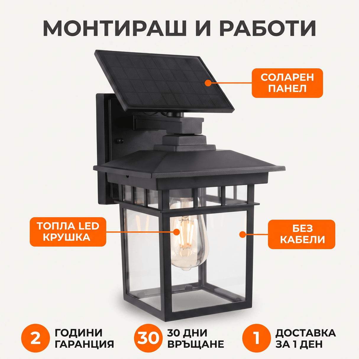 Соларна Градинска Лампа Тип Фенер — Без Кабели и Ток, с Топла LED Крушка