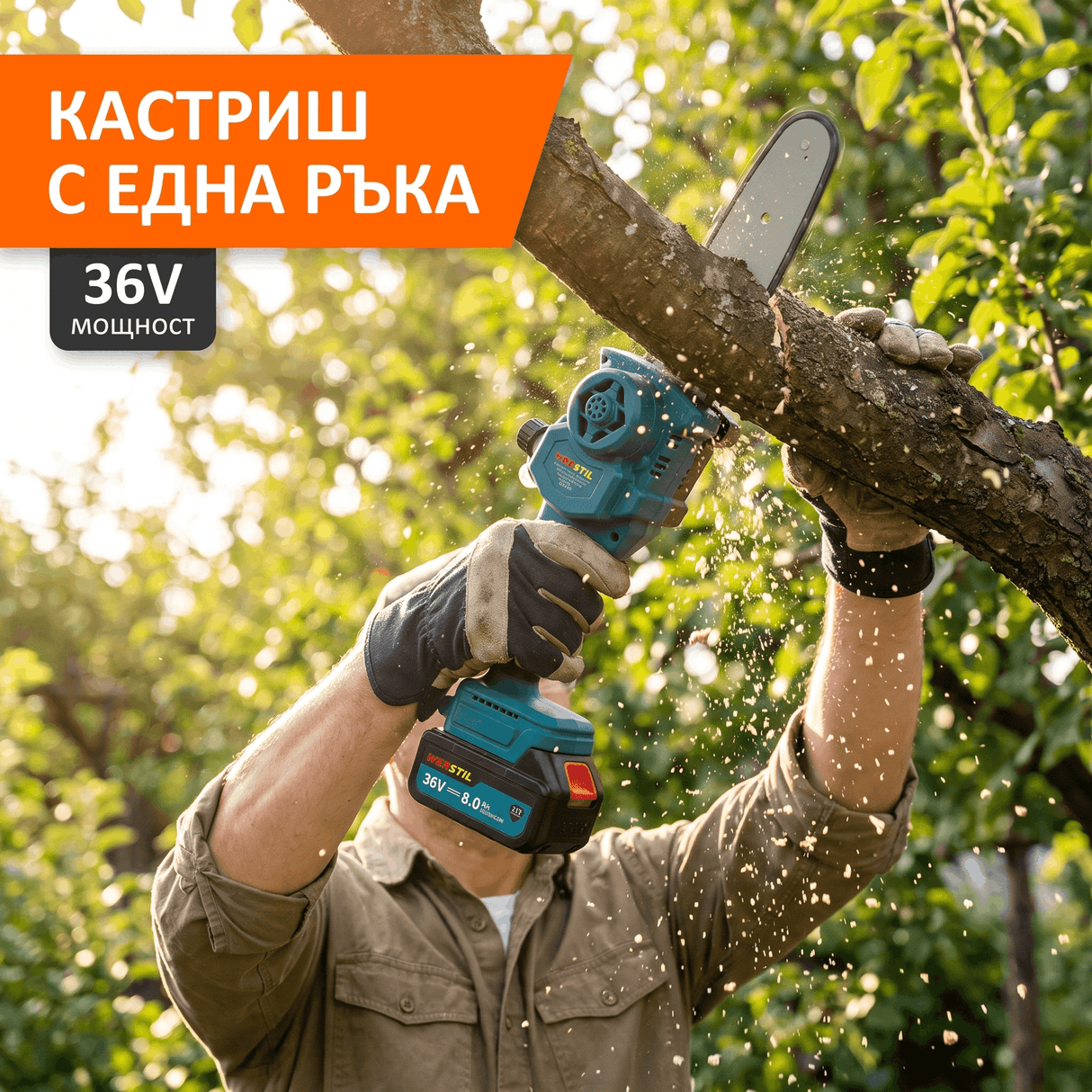 Мини Акумулаторна Резачка WERSTIL 36V — Шина 8", Батерия 8.0Ah