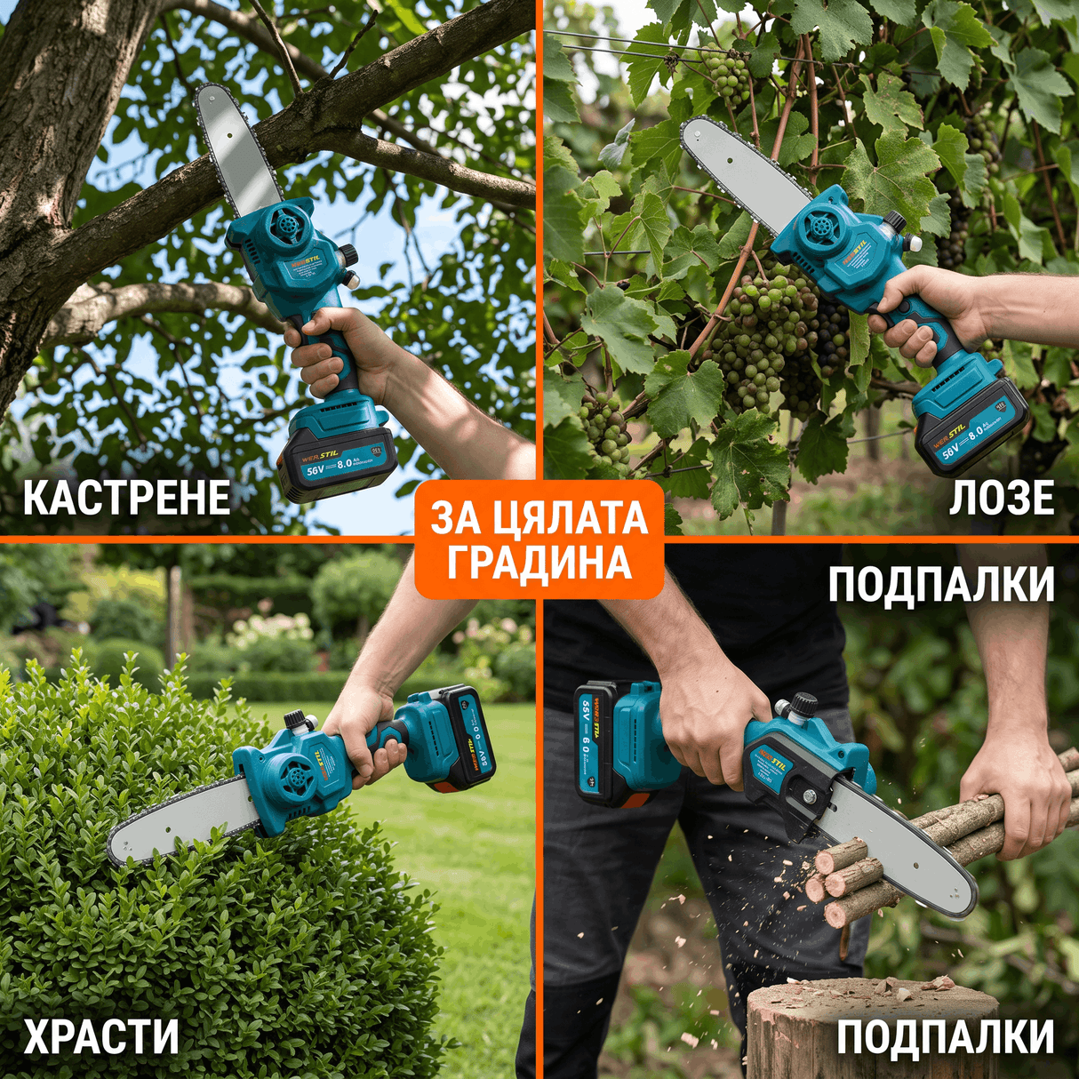 Мини Акумулаторна Резачка WERSTIL 36V — Шина 8", Батерия 8.0Ah