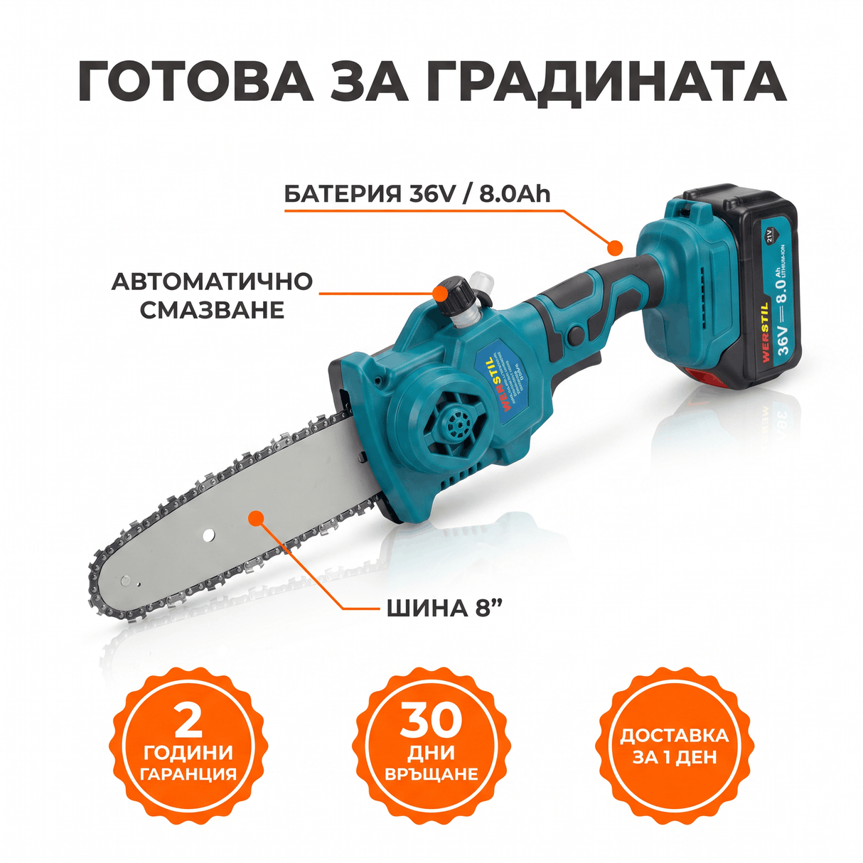 Мини Акумулаторна Резачка WERSTIL 36V — Шина 8", Батерия 8.0Ah