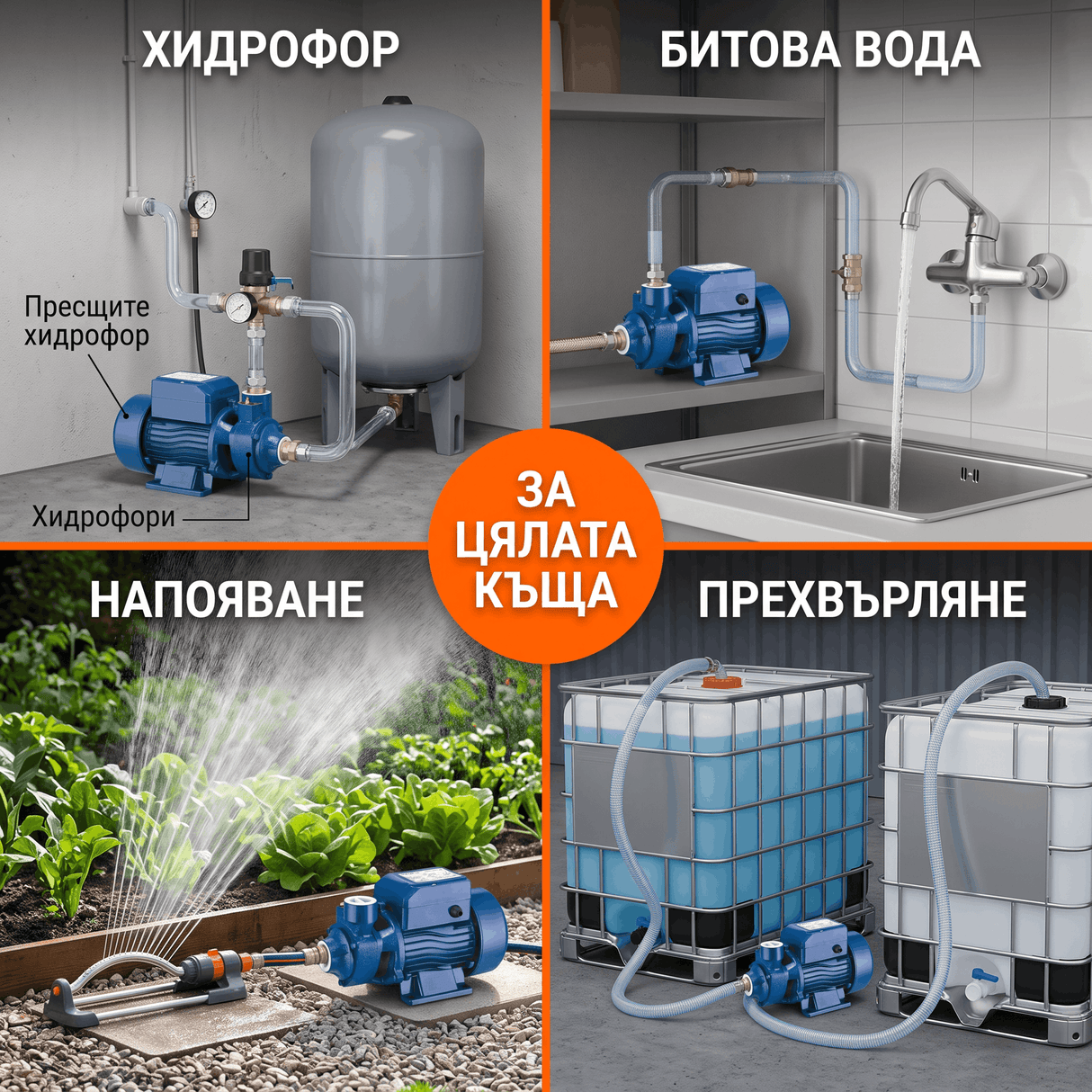 Периферна Водна Помпа QB60 1" — Напор 35м, Чугунен Корпус, за Хидрофор и Напояване