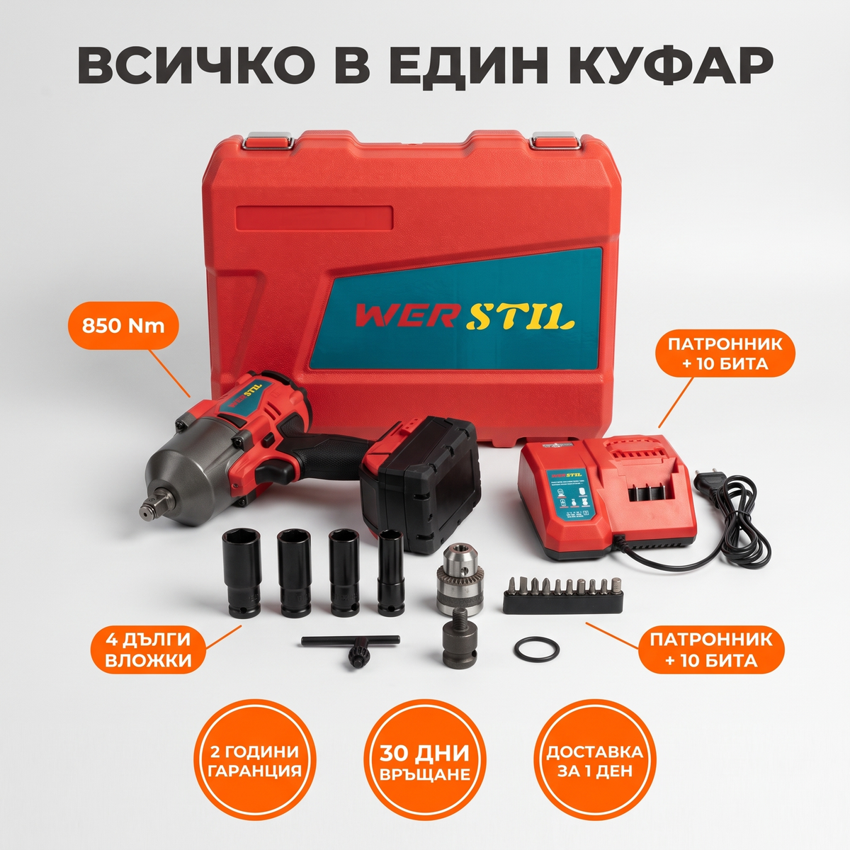 Акумулаторен ударен гайковерт WERSTIL 850Nm — куфар, зарядно, патронник и 4 вложки