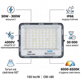 Характеристики на LED прожектор 50W-300W: IP66, 4000V, 50 000 часа, 60°, 6000-6500K