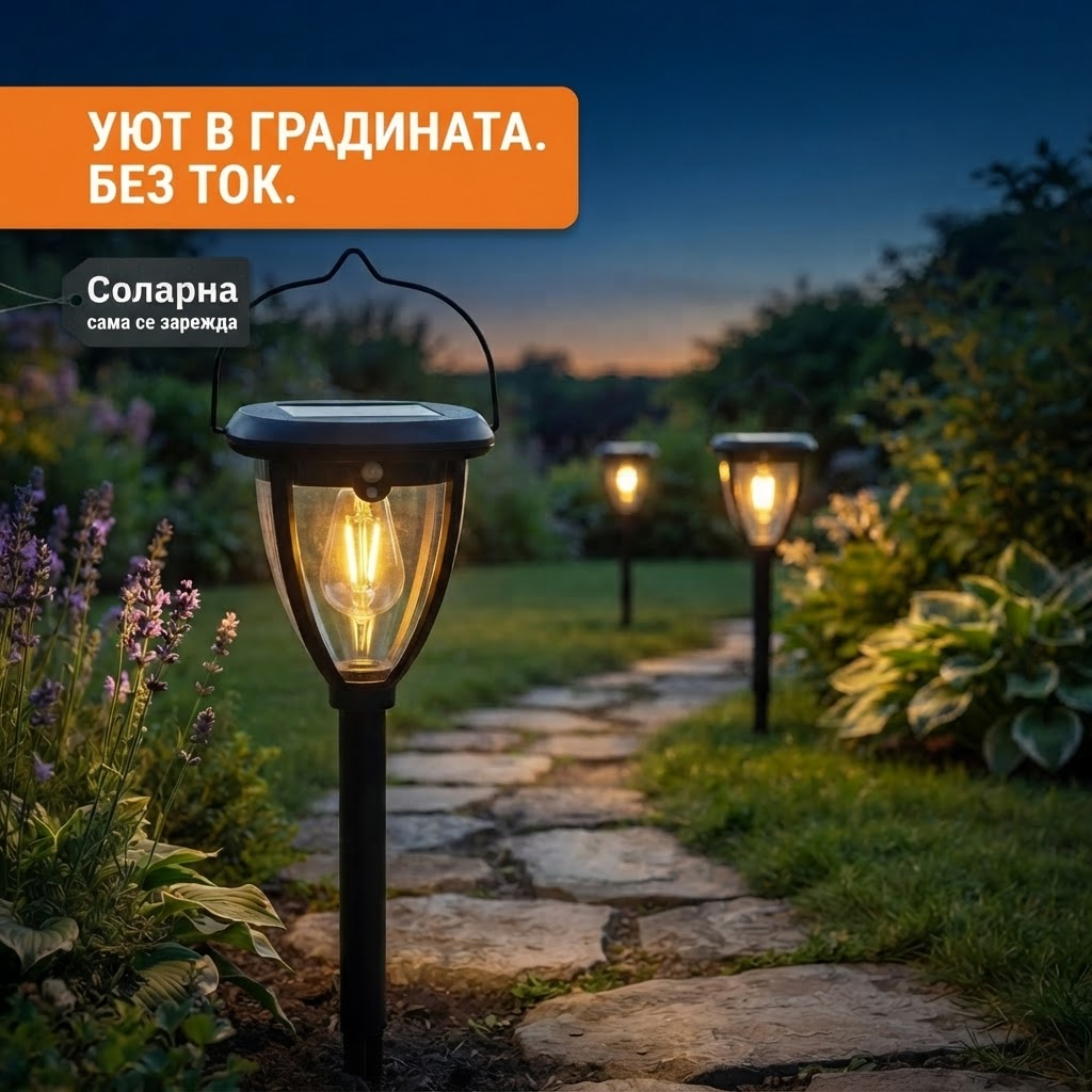 Соларни лампи фенер по градинска пътека вечер