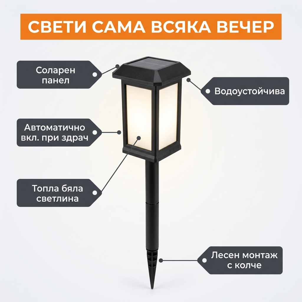 Соларна лампа 2589 – соларен панел, автоматично включване, топла бяла светлина, водоустойчива, лесен монтаж