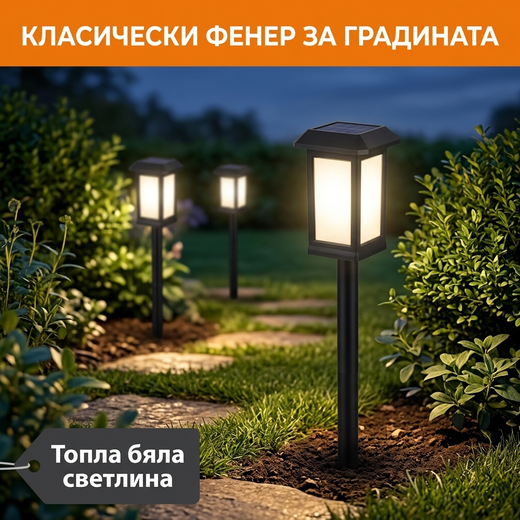 Соларни лампи фенер с колче по градинска пътека вечер