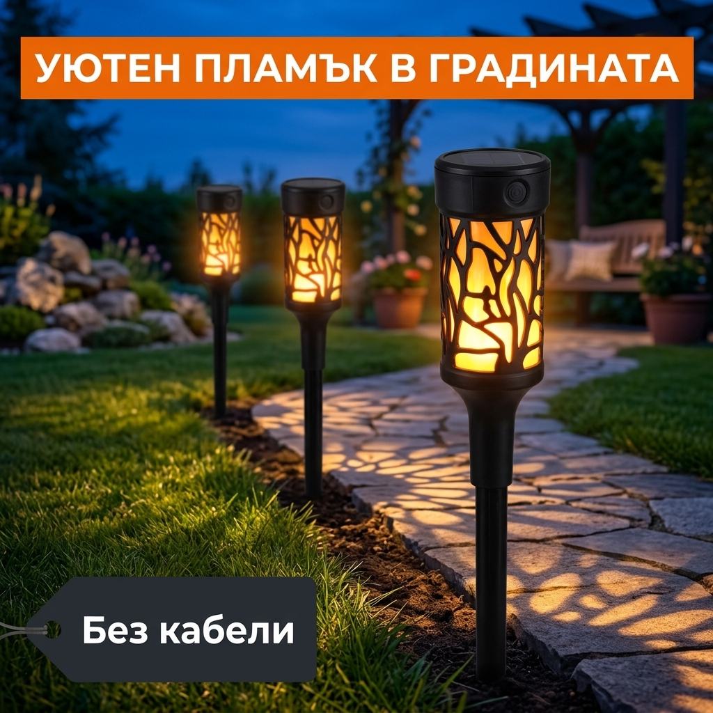 Соларни лампи с ефект на пламък по градинска пътека вечер