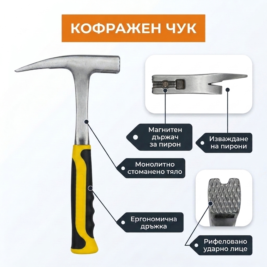 Кофражен чук 3150 – магнитен държач за пирон, рифеловано ударно лице, изваждане на пирони