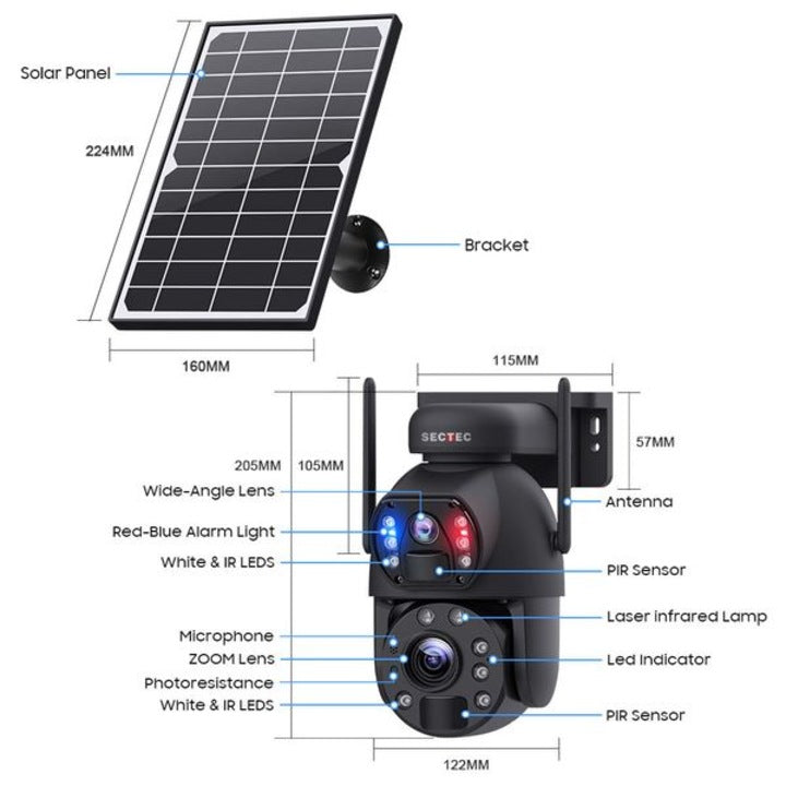 Соларна камера 6MP с 2 обектива, WiFi + 4G SIM, RGB сирена, 8 LED, IP66