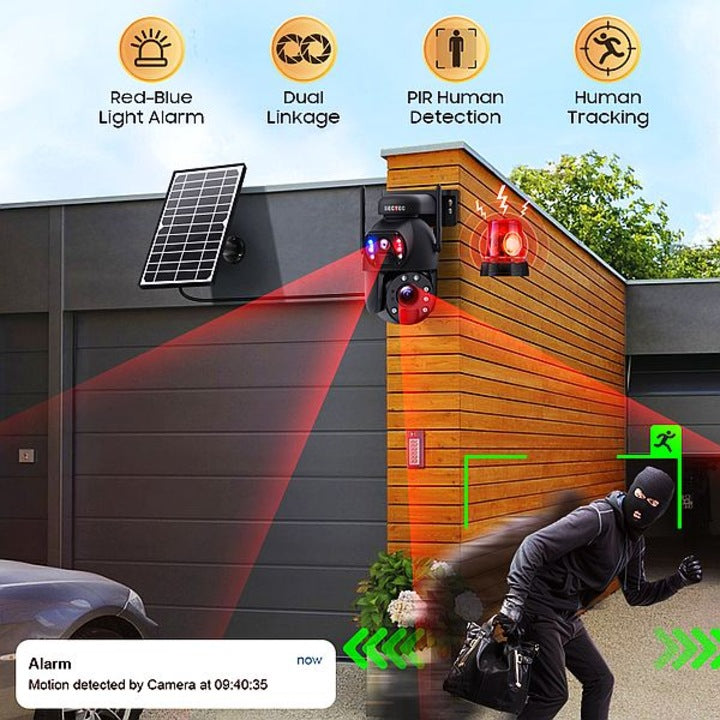 Соларна камера 6MP с 2 обектива, WiFi + 4G SIM, RGB сирена, 8 LED, IP66